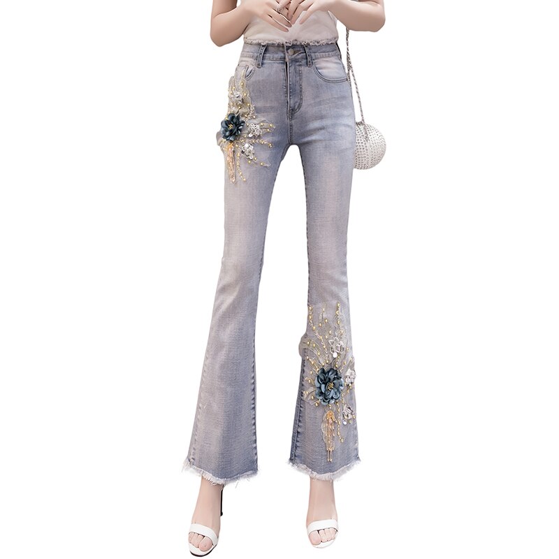 ؿ]Light-colored women&s spring and autumn 2020 new high waist was thin and trendy wild embroidered beaded denim flared pants Jeans